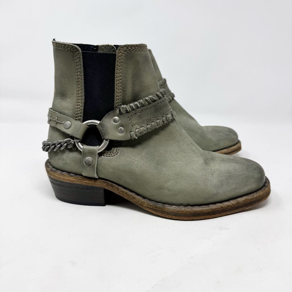 Free People Stony Desert Boots Sz 38 Green Leather Harness Chain Western Moto